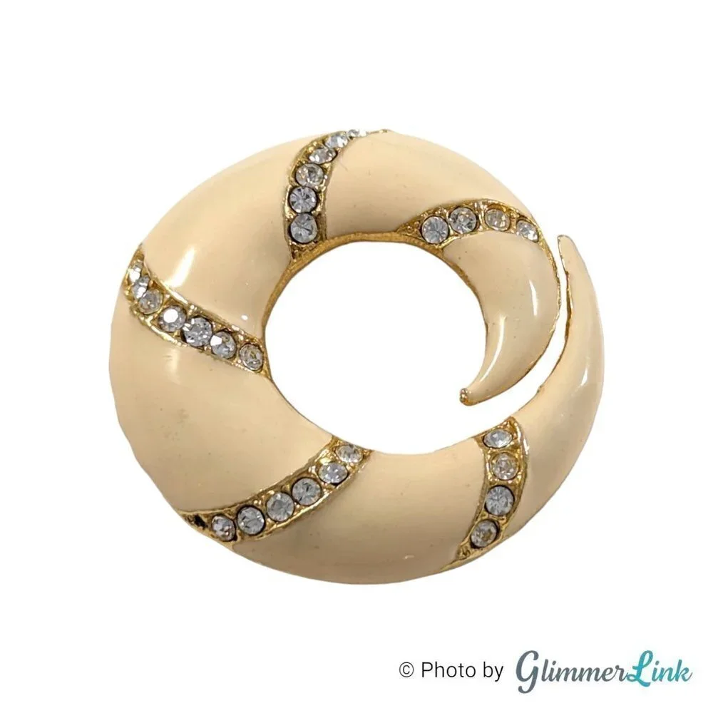Vintage Cream Enamel & Rhinestone Circle Curled Gold Tone Brooch